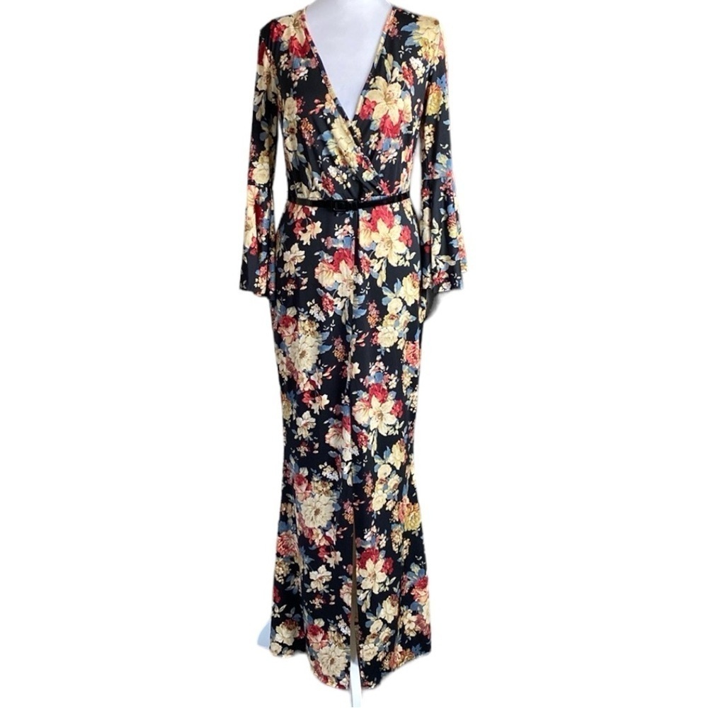 Venus Black and Red Floral Bell Sleeves Stretch Long Maxi Dress size S